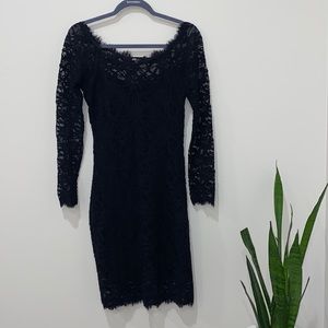 Black lace off the shoulder body con dress